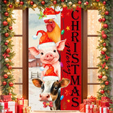 Welcome Christmas Door Cover Funny Farm Animal Christmas Door Banner Decorations Vintage Farmhouse Chicken Pig Cow Front Door Banner For Xmas Winter Welcome Holiday Party Supplies