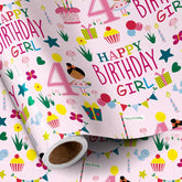 Happy 4Th Birthday Wrapping Paper Roll For Girls, Mini Roll, Pink Happy Birthday Girl Pattern Design For Party And More, 17 Inches X 16.4 Feet, 4 Years Old
