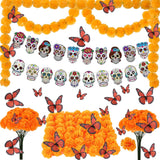 66Pcs Day Of The Dead Decorations Set - 2 Marigold Garland, 50 Artificial Marigold Flowers With Stems & 12 Monarch Butterfly Decoration For Dia De Los Muertos Indian Diwali Altar Decor