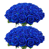 Bulk Artificial Flowers 50 Pcs, Fake Velvet Silk Blue Roses With Long Stems Realistic Bouquet For Wedding Centerpieces, Faux Arrangement For Valentines Day Home Table Decorations