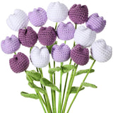 15 Pcs Crochet Tulips Flowers 16.5 Inches Handmade Crochet Tulips Artificial Dark Purple Violet White Knitted Tulipanes Fake Finished Bouquets Decoration Gift For Birthday Valentine Mother Day