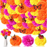 120 Pieces Artificial Marigold Bunch 100 Pcs Faux Marigold Flowers With Stems Halloween Flowers Fiesta 20 Pcs Monarch Butterfly For Cinco De Mayo Party Decor (Novel Colors)