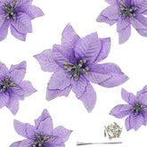 12Pcs 5 Inch Glitter Artificial Poinsettia Flowers With Ties For Wedding Christmas Festival Holiday Decor Xmas Wreath Garland Ornament Purple