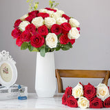20Pcs Artificial Roses With Long Stems - Realistic Silk Flowers, Fake Roses Real Touch Bouquet Of Roses For Valentine'S Day, Home Decor, Bridal Wedding Party, Bulk Faux Rose Flowers (White Red)