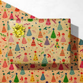 Kraft Birthday Wrapping Paper For Kids Men Women Baby Shower - Recycled Gift Wrap With Colorful Party Hat Design Design - 28 X 40 Inches, 4 Folded Sheets, Easy To Store