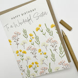 Old English Co. Happy Birthday Card For Wonderful Sister From Brother Or Sister - Cute Floral Design With Gold Foil - Colourful Artistic Sister Birthday Cards | Blank Inside With Envelope