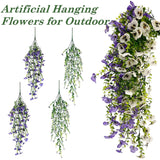 Artificial Fake Pansy Flower Plants With Greenery For Outdoor Outside Decoration, 30-Inch Faux Silk Uv Resistant Long Trailing Vine For Front Door Porch Planter Urn Patio Balcony(4 Pcs, Purple, White)