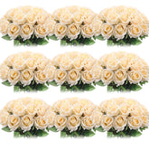 100 Pieces Artificial Roses Flowers Bulk, Long Stem Realistic Fake Silk Roses Bouquet For Table Centerpiece Vases Wedding Party Kitchen Decor (Champagne)
