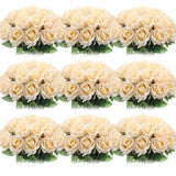 100 Pieces Artificial Roses Flowers Bulk, Long Stem Realistic Fake Silk Roses Bouquet For Table Centerpiece Vases Wedding Party Kitchen Decor (Champagne)