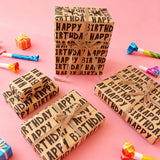 Kraft Birthday Wrapping Paper, 6 Sheets Gift Wrapping Paper-27.5 X 19.6 Inches Per Sheet, Classic Black Lettering Design Pattern For Men, Women, Boys