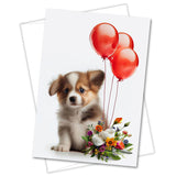 Puppy With Red Balloons And Flowers All Occasions Greeting Card From Unique Dogs Party Delights Collection Large 5X7 Inch Blank Inside With Envelope