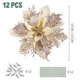 Christmas Poinsettia Flowers, 12Pcs Artificial Poinsettia Flowers Glitter Gold Christmas Tree Ornaments With Stems And Clips For Christmas Wreath Wedding Decorations