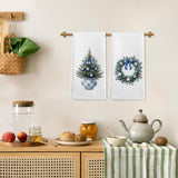 Chinoiserie Christmas Wreath Kitchen Towels Set Of 2, Blue And White Christmas Tree Hand Towels For Bathroom, Grandmillennial Xmas Bow Dish Tea Towel For Kitchen, 16X24 Inch