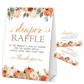 Thanksgiving Diaper Raffle Tickets, Fall Pumpkin Baby Shower Raffle Tickets For Gender Reveal Party Games, Autumn Baby Shower Decorations, 1 Sign & 50 Guess Cards-A04