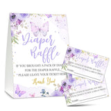 Baby Shower Game Set, 50 Diaper Raffle Tickets With 1 Standing Sign, Purple Butterfly Gender Reveal Party Decorations Supplies - B22