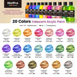 20 Colors Iridescent Acrylic Paint, 8.45Oz / 250Ml Large Bulk Metallic Acrylic Paint,Color Shifting & Non-Toxic Art Painting Supplies For Canvas Fabric Rock Wood With Paint Knife Color Wheel