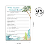 Beach Surf Theme Baby Shower Games, Who Knows Mommy Best — Pack Of 25 — Summer Blue Ocean Surfing, Fun Mom To-Be Baby Shower Activity, Gender Neutral Couples Shower Co-Ed Shower Game G940-Wkm
