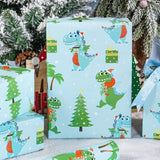 Christmas Dino Wrapping Paper Roll For Kids Boys, Cute Cartoon Dinosaur Gift Wrap With Presents Trees For Christmas Holiday, Party Decor, Mini Roll 17 In X 16.4 Feet