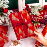 Red Christmas Wrapping Paper, Red And Gold Trees Holiday Wrapping Paper, Vintage Gold Foil Christmas Trees Elegant Winter Gift Wrap For Gift Packaging, Craft, New Year(17 Inch X 33 Feet)