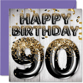 90Th Birthday Card For Men - Black & Gold Glitter Balloons - Happy Birthday Cards For 90 Year Old Man Dad Papa Pop Pops Great Grandpa Gran, 5.7 X 5.7 Inch Ninety Ninetieth Greeting Cards Gift