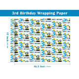 3Rd Birthday Wrapping Paper Roll - Mini Roll - 17 Inch X 16.5 Feet - Adorable Digger Construction Wrapping Paper Perfect For Kids Boys Birthday, Baby Shower