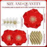 Christmas Paper Flower Set Of 11 – Red & Gold Shiny Cardstock 3D Flowers With Hook & Sticker – Dual Hanging Styles – Elegant Wall & Door Decor – Perfect For Holiday, Party & Home Decoration