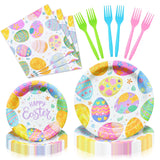 96 Pieces Easter Tableware Set Party Supplies - Happy Easter Colorful Eggs Pattern Disposable Paper Plates, Napkins, Forks Dinnerware for Spring Celebrations, Picnics, Serves 24 Guests