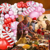 Christmas Balloon Arch Kit, Pink Red White Garland With Metallic Silver Balloons, Candy Cane Foil Balloon For Party Decorations, New Year Xmas Supplies
