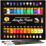 Acrylic Paint Set Canvas Art Paints 24 Colors Perfect Paint Finish (0.41Oz,12 Ml) With 3 Brushes - Painting Canvas, Paper, Wood, Rock, Mdf, Ceramic & Fabric