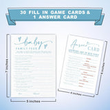 Baby Family Feud Game Set For Baby Shower - Minimalism White & Blue - 30 Double-Sided Fill In Style Game Cards With Answer Cards, Gender Reveal, Announcement, Party Favor & Supplies - A04