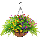 Artificial Fake Hanging Plants Flowers Basket For Outdoor Spring Summer Decorarion, Uv Resistant Faux Rose Eucalyptus Boston Ferns Plants For Indoor Outside Garden Porch Patio Balcony Decor