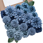 Dusty Blue Flowers Artificial Roses Combo Set Faux Blue Silk Flowers Fake Roses Mix Chrysanthemum Dahlia With Stems For Wedding Bouquets Baby Bridal Shower Party Floral Arrangements Decor