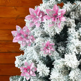 24 Christmas Glitter Artificial Poinsettia Flowers Xmas Poinsettia Artificial Wedding Flowers Decorations Xmas Tree Ornaments With Clips For Party Favors, 6 Inch, 4 Inch, 3 Inch (Pink And Silver)