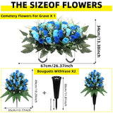 3Pack Artificial Cemetery Flowers For Grave,Headstone Flower Saddle Gravesite Decoration Roses Memorial Bouquets With Cemetery Vase For Cemetery Decorations Non-Fading Easy Fit (Blue)