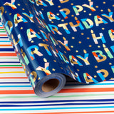 Blue Birthday Wrapping Paper Roll Reversible-Metallic Foil Colorful Birthday Lettering On Navy Blue Gift Wrapping Paper For Boys Girls Birthday,Baby Shower, Party(17 In X 32.8 Ft)