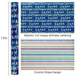 Blue Birthday Wrapping Paper Roll Reversible-Metallic Foil Colorful Birthday Lettering On Navy Blue Gift Wrapping Paper For Boys Girls Birthday,Baby Shower, Party(17 In X 32.8 Ft)