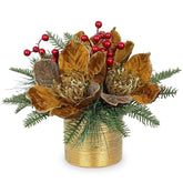 13 Inch Brown Christmas Table Centerpiece 5" Glitter Magnolia Flower And Berries Fir Greenery Artificial Christmas Floral Centerpiece In Ceramic Pot Tabletop Xmas Table Arrangement Decoration