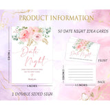 Blush Pink Floral Date Night Game, Date Night Ideas Sign With 50 Cards, Bridal Shower Game, Modern Bridal Shower Decorations, Wedding Date Night Advice - 08