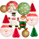 12Pc Gold Red Green Christmas Elf Paper Lantern Decoration Set, 3D Xmas Hat, Santa Claus, Snowman Tissue Paper Honeycomb, Indoor Outdoor Hanging Xmas Tree Star Garland Holiday Party Supply 12, 10, 8''