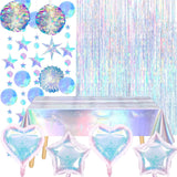 13 Pcs Iridescent Party Decorations with Holographic Tablecloth Balloons Star Moon Garlands Streamer Honeycomb Balls Paper Fan Foil Fringe Curtain for Disco Mermaid Birthday Party Supplies