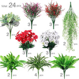 24 Pcs Outdoor Artificial Plants Uv Resistant Faux Plant Fake Greenery Stems Faux Shrubs Flower For Outside Hanging Front Porch Patio Garden Window Box Home Wedding Summer Spring Decor(Green Red)