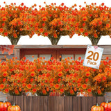 20 Bundles Artificial Fall Flowers For Outdoors Fall Thanksgiving Decorations-Uv Resistant Fake Mums Faux Plant Plastic Flowers Gardens Porch Fireplace Home Autumn Decor(Brown Eucalyptus Flower)