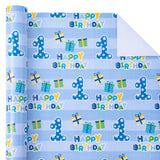 1St Birthday Wrapping Paper - Mini Roll - 17 Inch X 33 Feet - Blue Happy Birthday With Gift Box Design For Boys Kids, Baby Shower, Party, Holiday