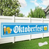 Oktoberfest Decorations, Large Oktoberfest Banner 8.2ft × 1.6ft with 19.69ft Ribbon, Double-Stitched Bavarian Blue White Backdrop for German Octoberfest Beer Party Decor