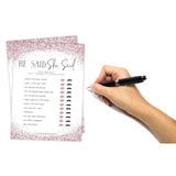 Bridal Shower Games (Set Of 6 Fun Activities For 25 Guests) - Pink Glitter Theme - Printed Front And Back, One Game Per Side