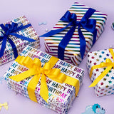 Birthday Wrapping Paper 30 Inch Iridescent Gift Wrapping Paper 4 Rolls Happy Birthday Polka Dots Stripes Stars Printed Assortment -120 Inch(10Feet) Per Roll