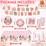 142 Pcs Pink Christmas Gingerbread Party Decorations Merry Christmas Cookie House Gingerbread Man Party Supplies Candy Tree Paper Plates And Napkins Banner Tablecloth For Xmas Birthday Gender Reveal