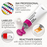 Watercolor Paint Set - 28 Piece Kit For Adults, Beginners & Professional Artists - 26 X 12Ml Liquid Water Color Tubes & 2 Painting Brushes - Richly Pigmented Vibrant Colors - Art Supplies