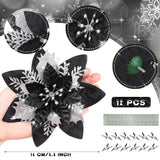 36 Pieces Glitter Christmas Poinsettia Artificial Xmas Flower Ornaments Flowers Decorations With Clips And Stem Glitter Poinsettia Christmas Tree Ornaments For Xmas Wedding (Black And Silver)