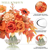 Artificial Flowers In Vase, Silk Rose Peony Dahlia Flower Bouquet Table Centerpieces With Faux Water For Winter Home Decor Fake Flowers Arrangement For Wedding Birthday Party Decor (Orange & Earth)